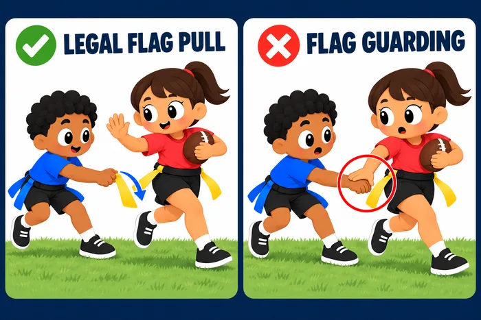 Two illustrated panels. Legal flag pull: the defender pulls the runner's flag while the runner keeps the ball and free hand away from the belt. Flag guarding: the runner's hand, circled in red, blocks the defender's hand at the flag.