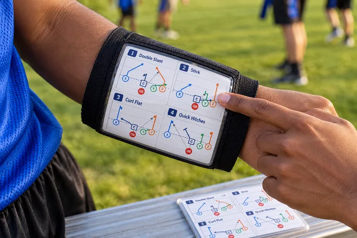 A player's forearm wearing a wrist coach whose clear window holds a play card with four numbered plays drawn as route diagrams, as a finger points to one call; a spare laminated card lies on the bench below.