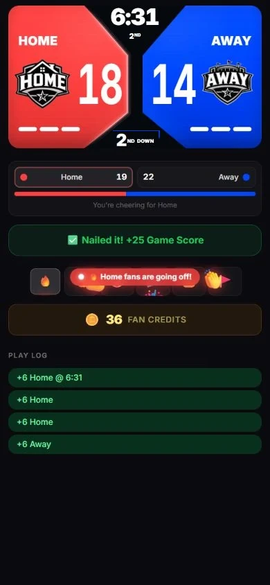 The ReadyRef fan view: the same 18-14 score on 2nd down, with a pick-a-side bar, a correct prediction worth 25 Game Score, live reactions, 36 fan credits, and the running play log.
