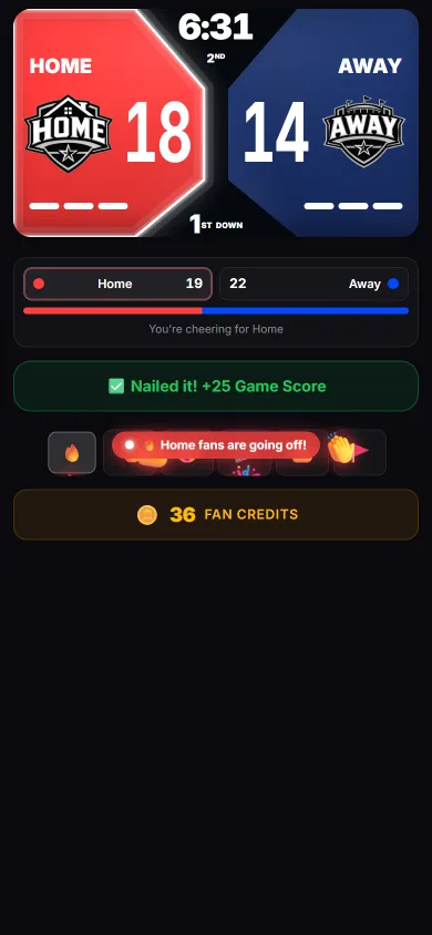 The ReadyRef fan view in a web browser: Home 18, Away 14 with 6:31 left in the second half, a pick-a-side meter cheering for Home, a correct prediction worth 25 Game Score, a burst of live reactions, and 36 fan credits