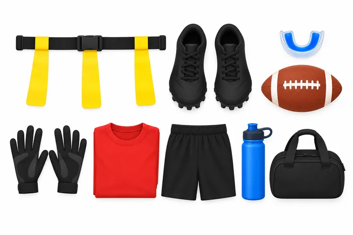 Flag football gear laid out on a white background: a black flag belt with three yellow flags, black molded cleats, a mouthguard, a football, receiver gloves, a red shirt, black shorts with no pockets, a water bottle, and a small sports bag.