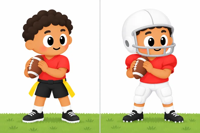 The same kid shown twice. On the left, dressed for flag football in a jersey, shorts and a flag belt with no pads. On the right, dressed for tackle football in a helmet, shoulder pads and padded pants.