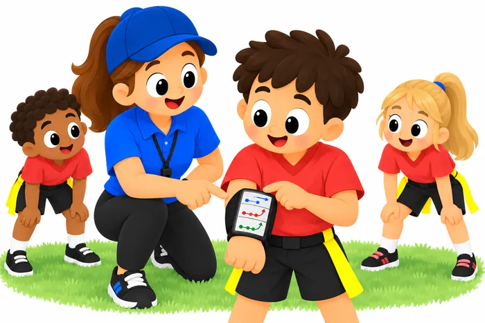 A youth flag football player and coach point to a wrist coach whose clear window shows three simple route diagrams, while two teammates wait nearby wearing yellow flag belts.