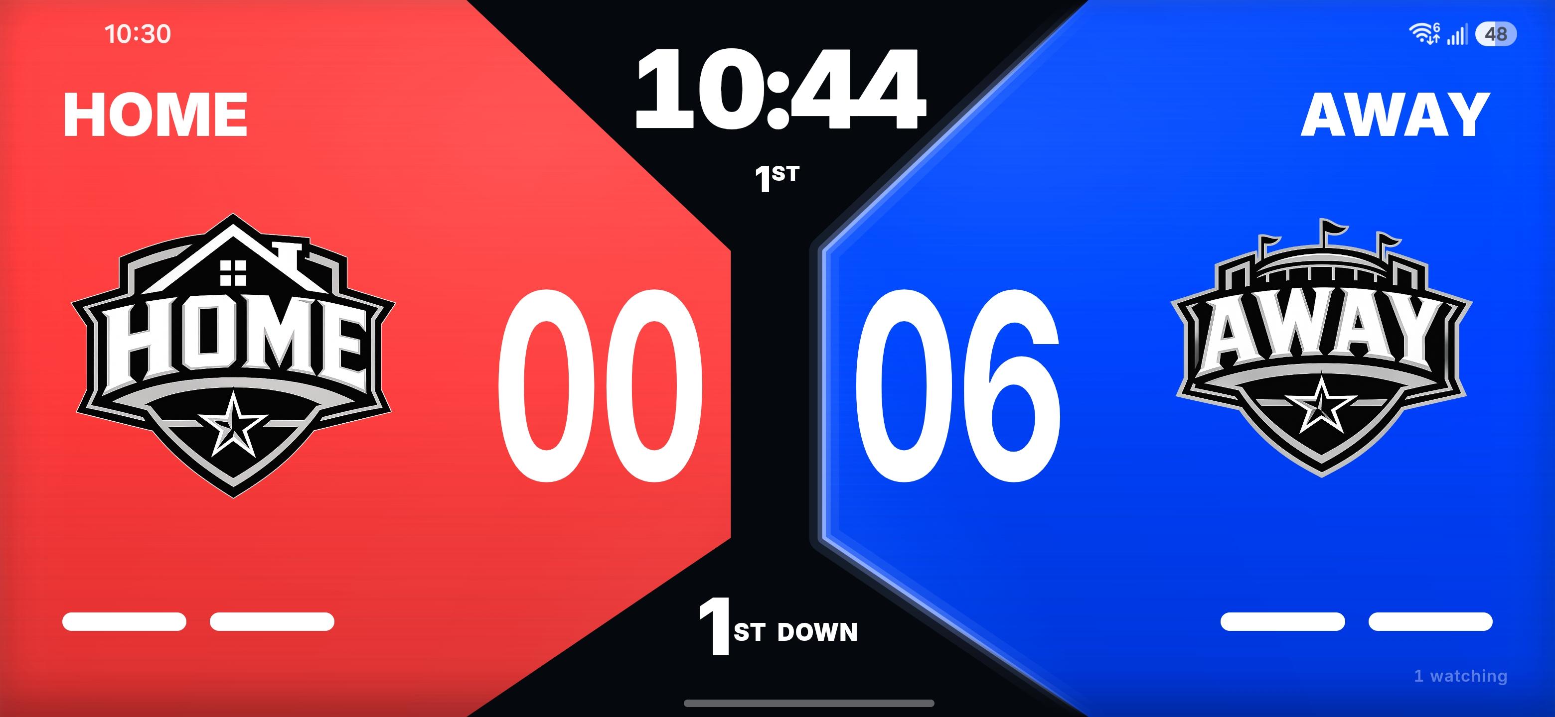 ReadyRef full-screen live scoreboard showing Home vs Away with game clock and down marker