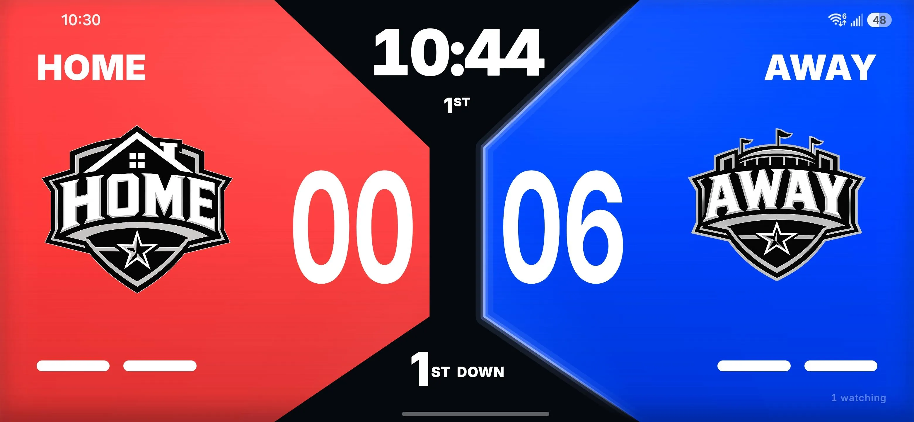 ReadyRef full-screen live scoreboard showing Home vs Away with game clock and down marker