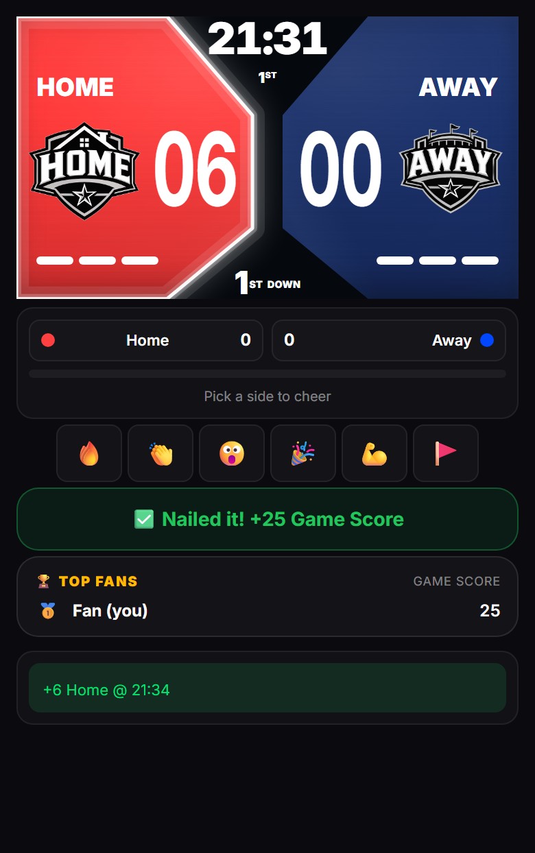 The ReadyRef fan view: a spectator answers "Who scores first?", Home scores, and the correct call banks 25 Game Score.