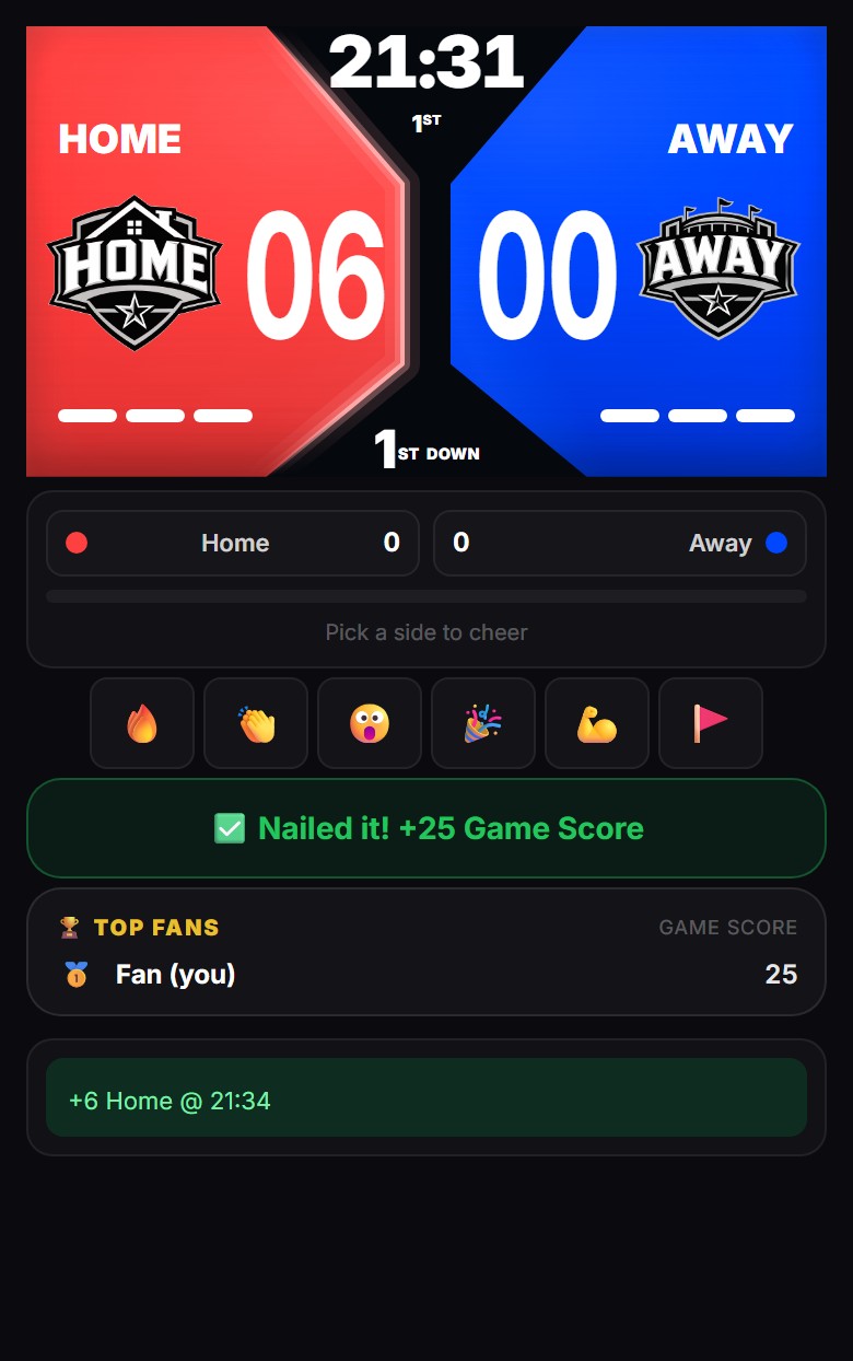 The ReadyRef fan view: a spectator answers "Who scores first?", Home scores, and the correct call banks 25 Game Score.
