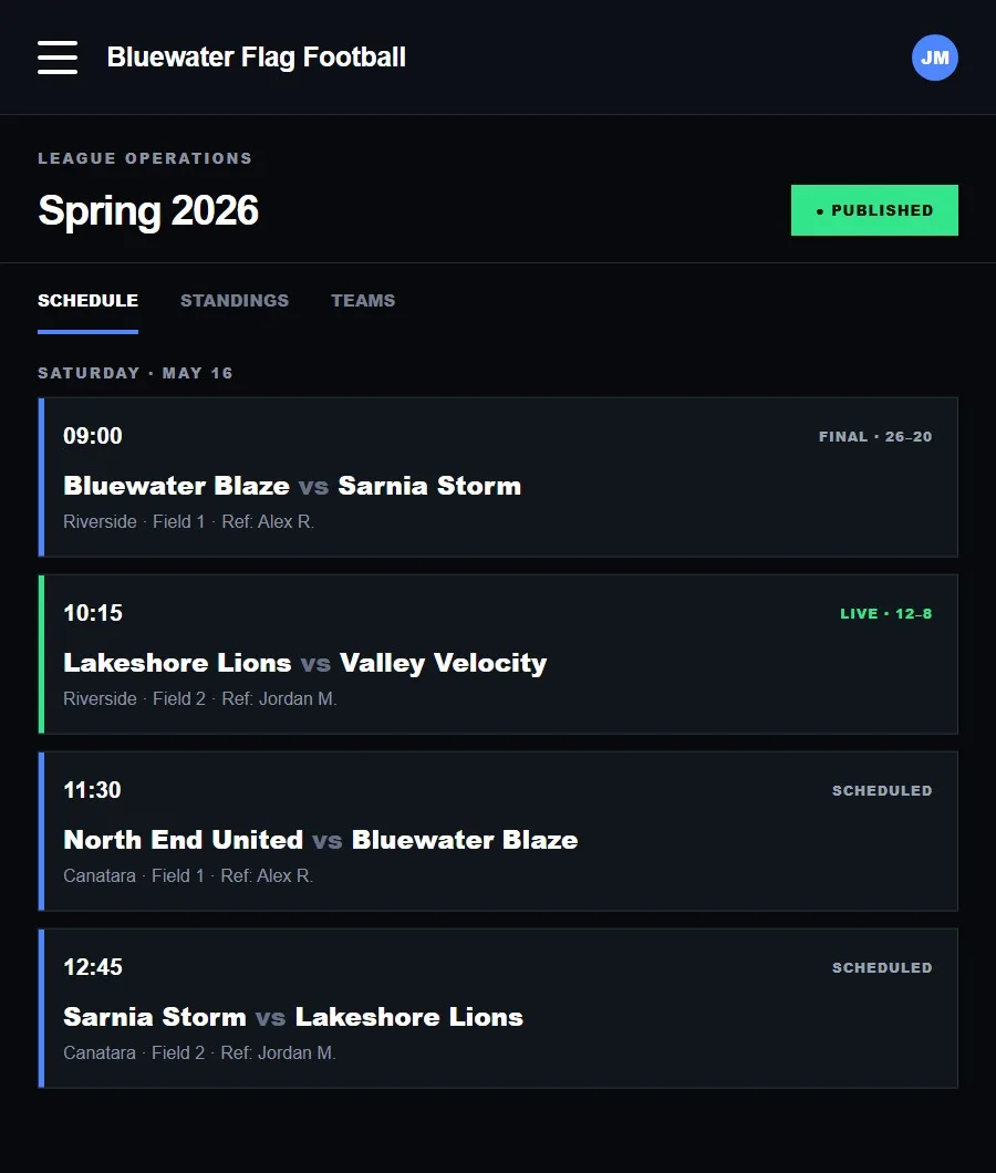 A ReadyRef league schedule moving through published games, assignments, and live results
