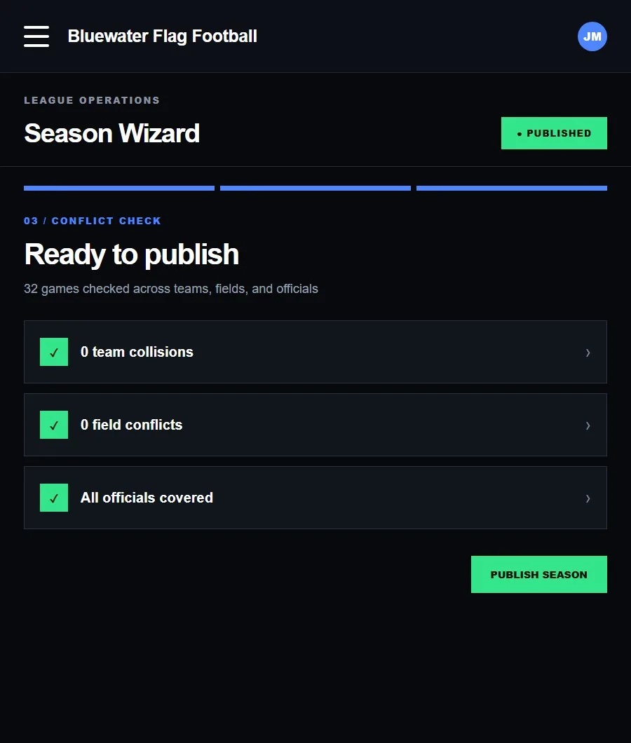 The ReadyRef season wizard setting dates, divisions, teams, and fields