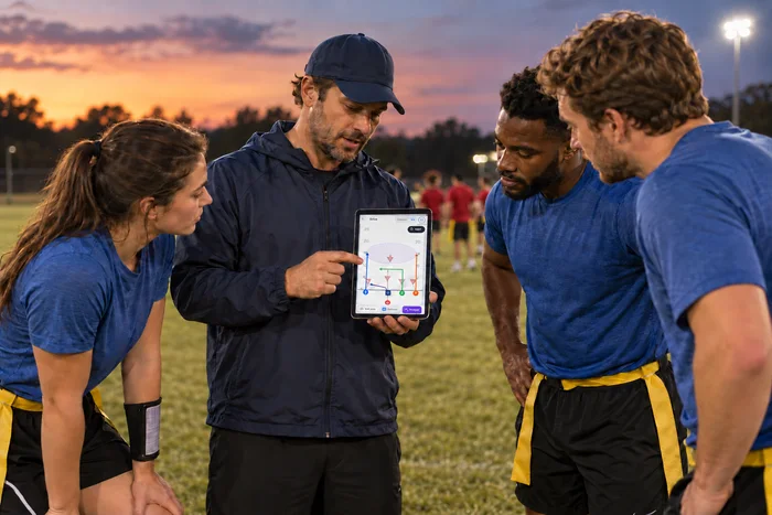 A coach explains a ReadyRef play diagram on a tablet while three flag football players lean in to listen.