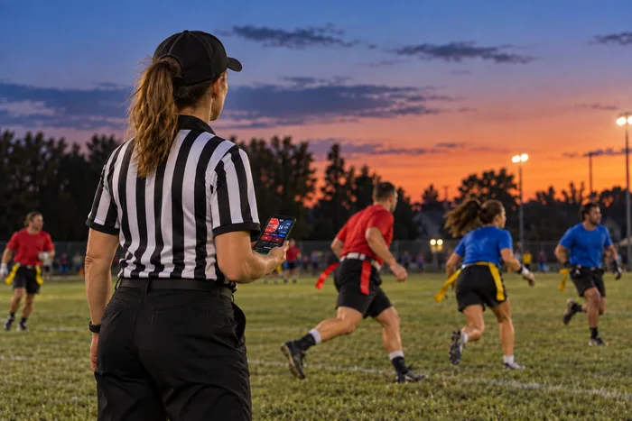 A referee keeps the flag football play in view while holding the ReadyRef referee screen on a phone.
