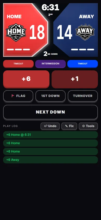 The ReadyRef referee console showing score, clock, downs, the call buttons, and the play log