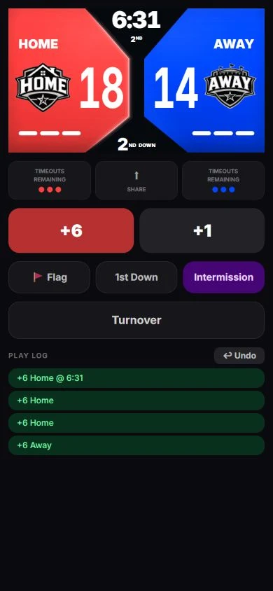 The ReadyRef referee screen: Home 18, Away 14, 6:31 left in the 2nd, with scoring buttons and a play log.