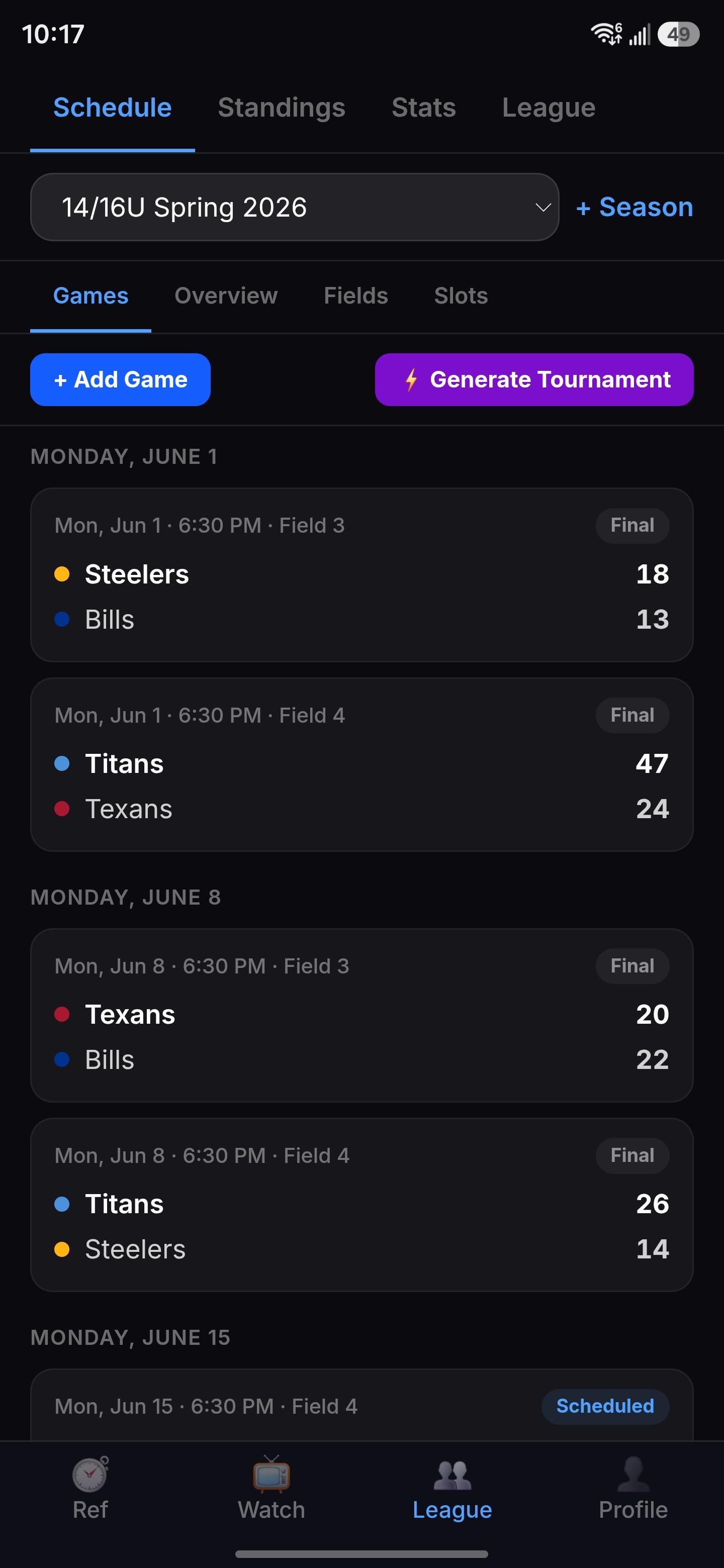ReadyRef league schedule with final scores and game statuses