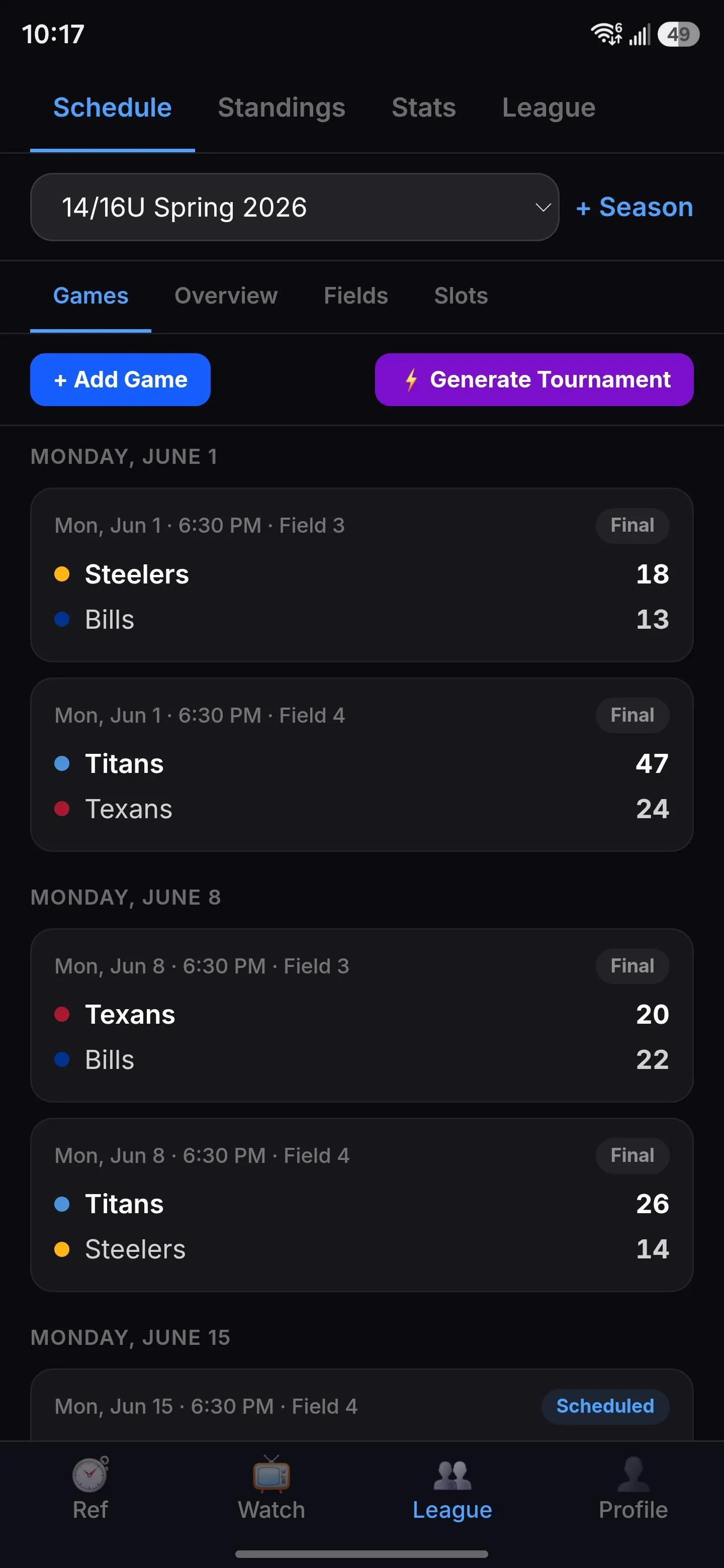 ReadyRef league schedule with final scores and game statuses