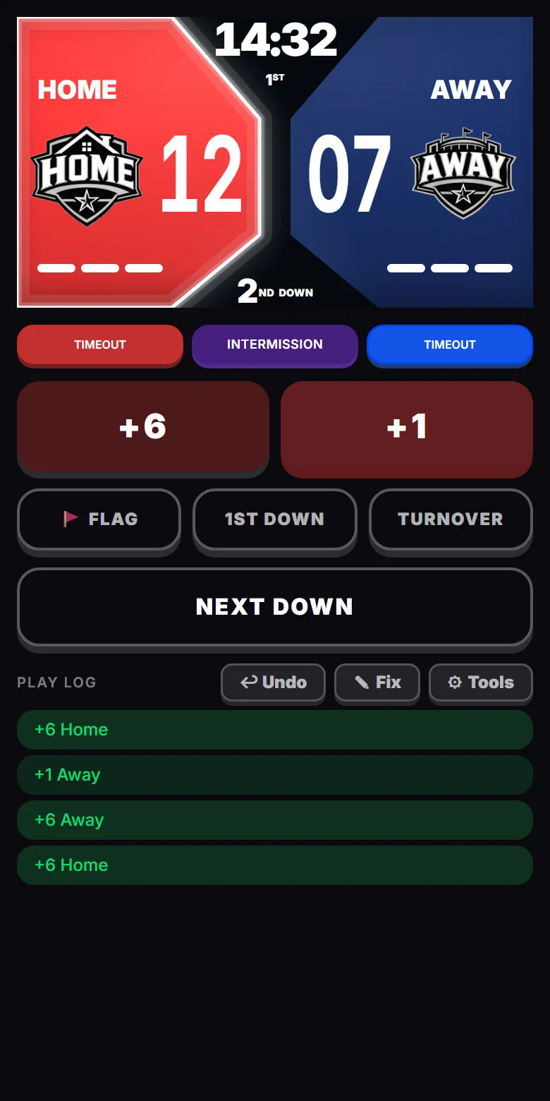 The ReadyRef referee screen: scoreboard, timeouts, big score, flag, first down, turnover and next down buttons, and the play log with undo.