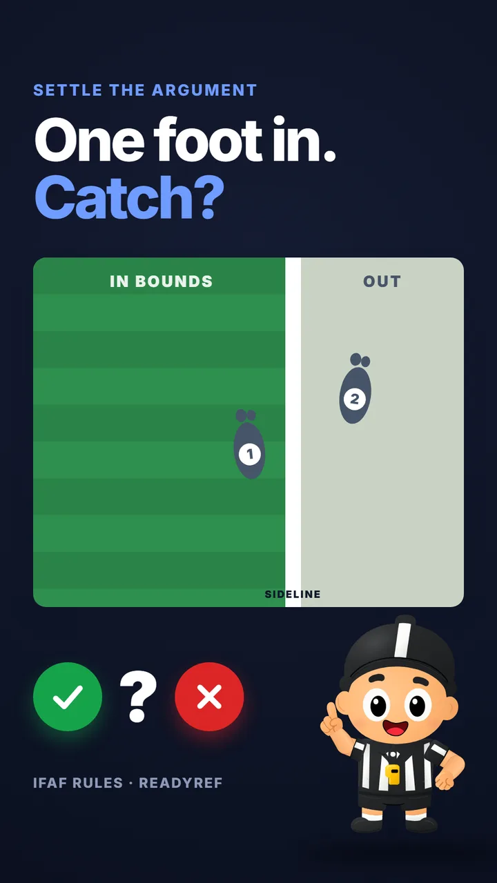 Video poster: One foot in. Catch? Footprints at the sideline, a green check and a red X, and a cartoon referee.
