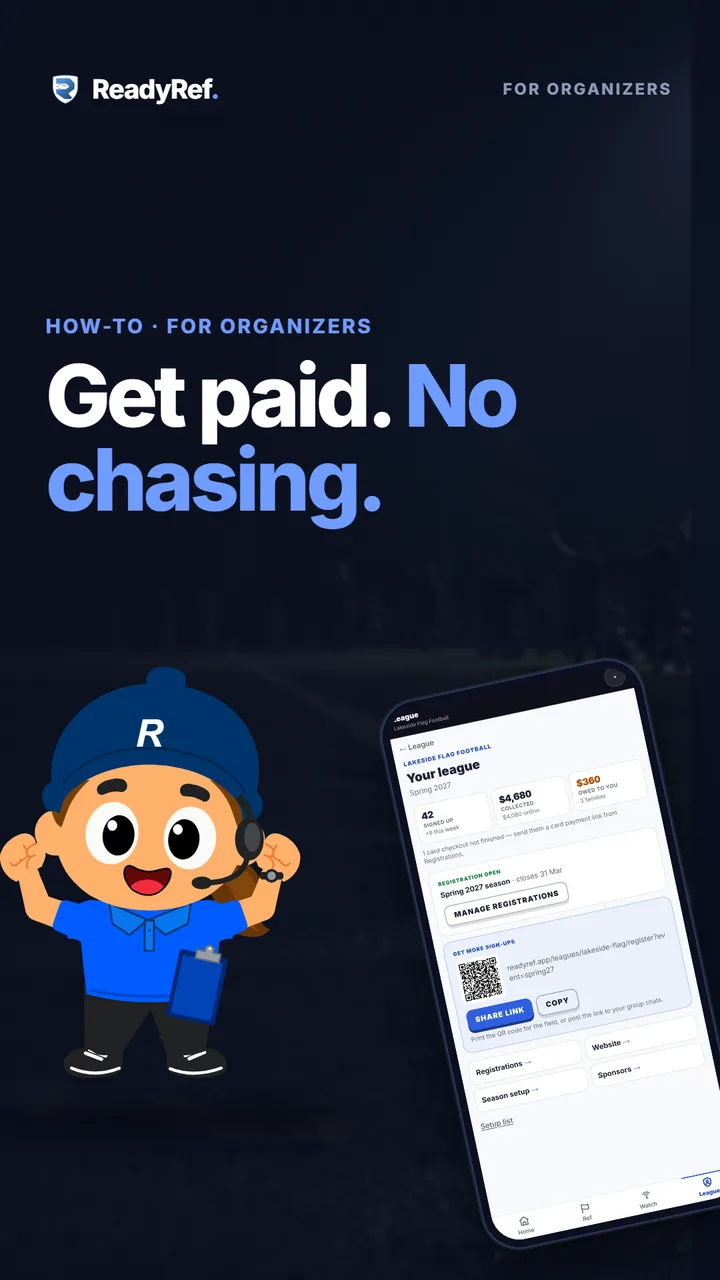 Video poster: Get paid. No chasing. A cartoon league organizer beside a phone showing the ReadyRef league dashboard.