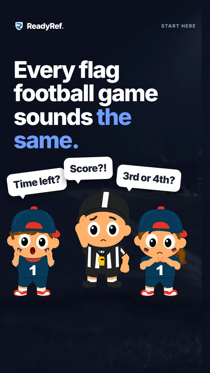 Video poster: three flag football characters on a field asking time left, third or fourth down, and the score.