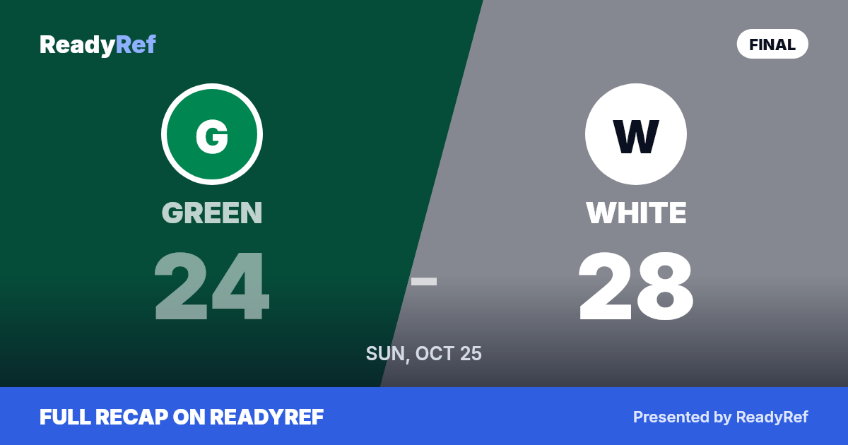 Final score card: White 28, Green 24