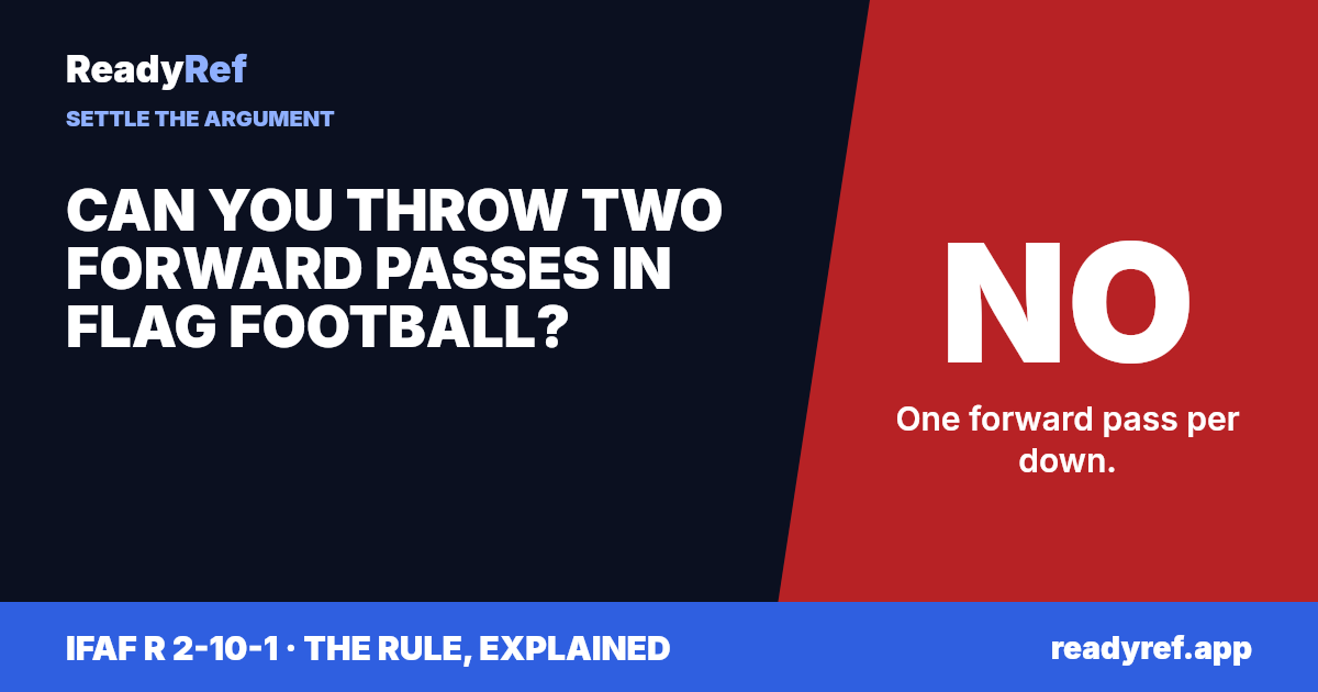 Can you throw two forward passes in flag football? No. One forward pass per down.