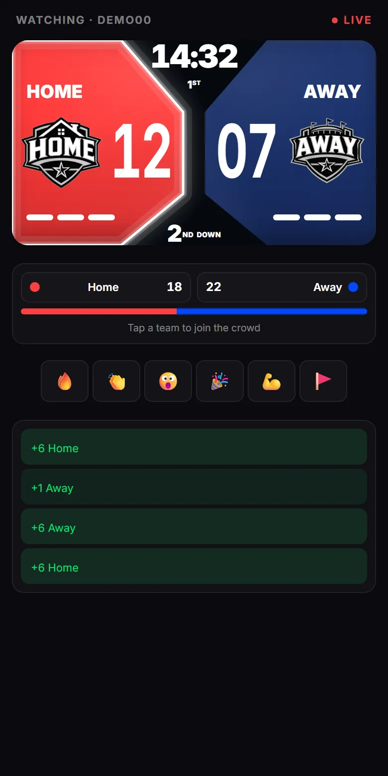 A fan's phone following a ReadyRef game: the live scoreboard, a pick-a-side crowd bar, reaction buttons and the play log.
